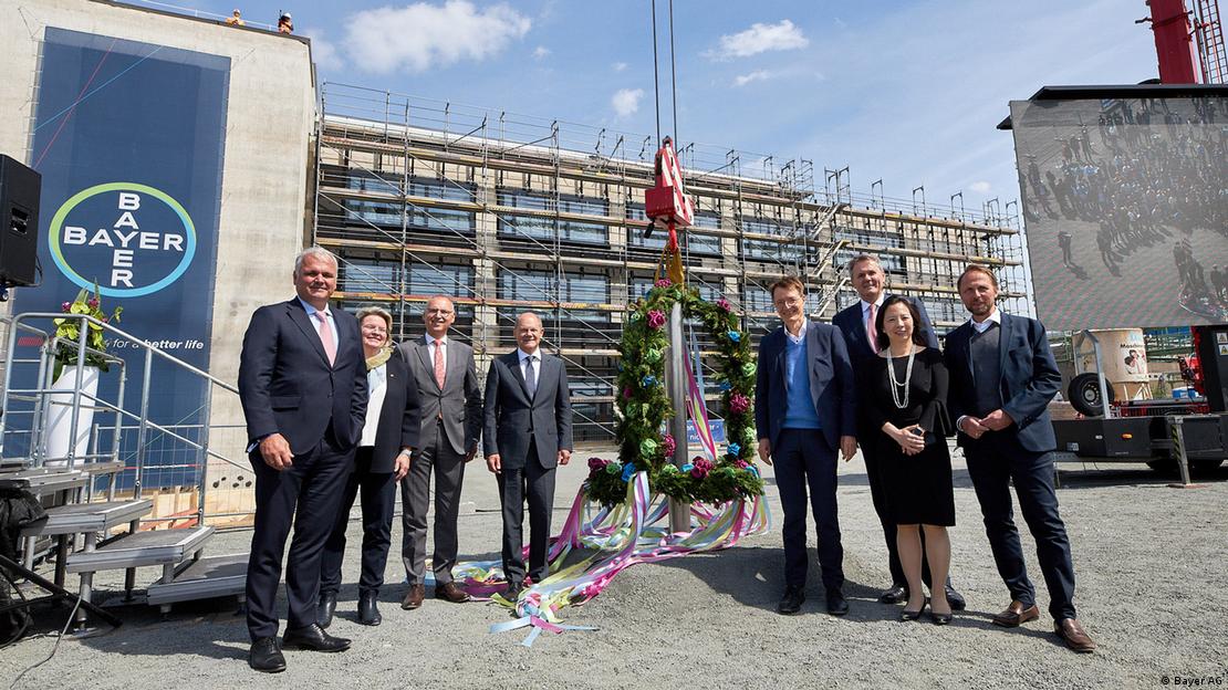 German Chancellor Olaf Scholz attending the topping-out ceremony of Bayer's new production facility at Leverkusen, Germany