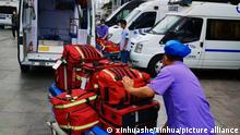 (220601) -- CHENGDU, June 1, 2022 (Xinhua) -- Members of a medical rescue team prepare to set out in Chengdu, southwest China's Sichuan Province, June 1, 2022. A 6.1-magnitude earthquake rattled Lushan County of Ya'an City in southwest China's Sichuan Province, at 5:00 p.m. Wednesday (Beijing Time), according to the China Earthquake Networks Center (CENC). (Xinhua)