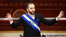 El Salvador's President Nayib Bukele gestures as he delivers a speech to the country to mark his third year in office, in San Salvador, El Salvador, June 1, 2022. REUTERS/Jose Cabezas