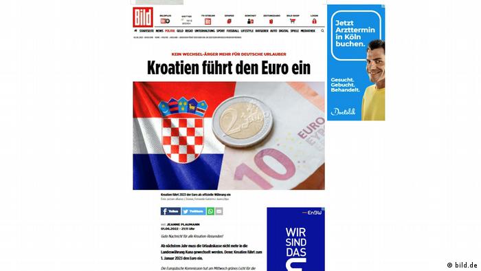 Screenshot | Bild-Berichterstattung über Kroatien und den Euro