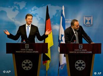 Israeli Foreign Minister Avigdor Lieberman, right, and his German counterpart Guido Westerwelle attend a joint press conference in Jerusalem, Sunday, Nov. 7, 2010. (AP Photo/Sebastian Scheiner)