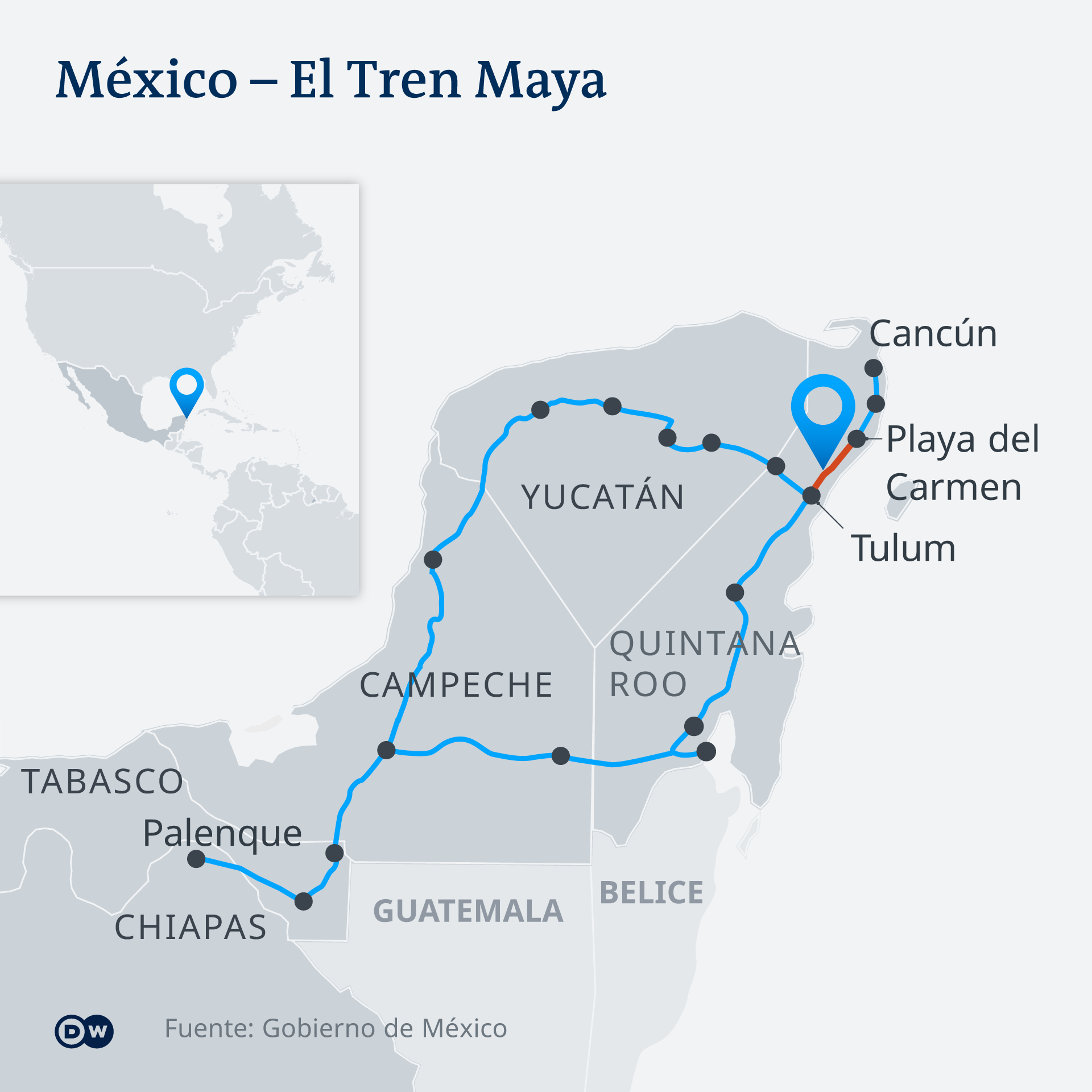 Mapa de la península de Yucatán con la ruta del Tren Maya. 