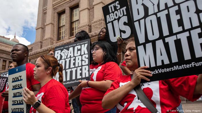 Demonstrators are gathered outside of the Texas State Capitol during a voting rights rally on the first day of the 87th Legislature's special session on July 8, 2021 in Austin, Texas. .