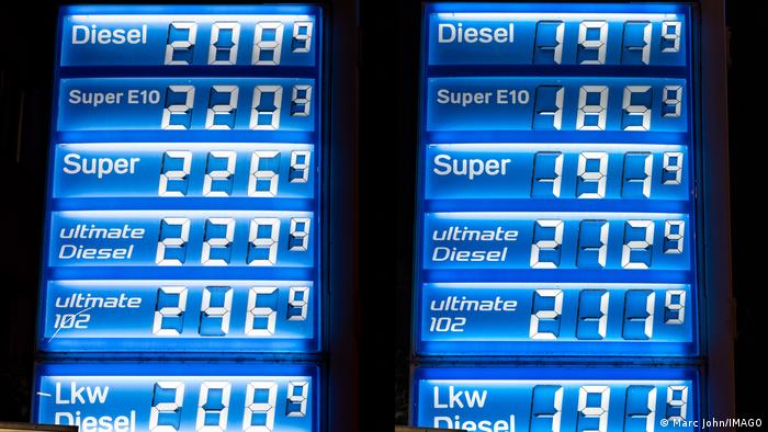 Цените на една и съща бензиностанция в Бон преди и след въвеждането в началото на юни на държавната отстъпка, валидна 3 месеца