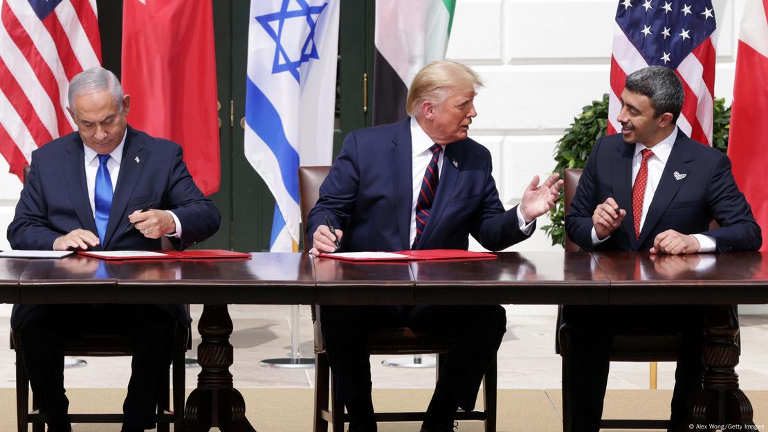 Prime Minister of Israel Benjamin Netanyahu, US President Donald Trump, and Foreign Affairs Minister of the United Arab Emirates Abdullah bin Zayed bin Sultan Al Nahyan participate in the signing ceremony of the Abraham Accords at the White House. Prime Minister of Israel Benjamin Netanyahu, US President Donald Trump, and Foreign Affairs Minister of the United Arab Emirates Abdullah bin Zayed bin Sultan Al Nahyan participate in the signing ceremony of the Abraham Accords at the White House.