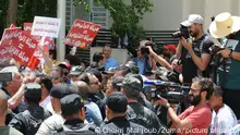June 4, 2022, Rades, Tunis, Tunisia: The security forces found themselves forced to prevent the supporters of the 5 parties who participated in today's demonstration from approaching the headquarters of the ISIE (independent higher body for the elections)..The sympathizers of the 5 parties (Modernist Democratic Pole (PDM), Democratic current, Ettakatol, Al Jomhouri and the workers' party) present on the spot which organized this morning a demonstration in front of the siege of the Isie in which they chanted Slogans hostile to the President of the Republic, tried to repel the barriers in protest against the violence exerted against them, the use of tear gas..They also expressed their intention to fail the referendum scheduled for July 25. (Credit Image: © Chokri Mahjoub/ZUMA Press Wire