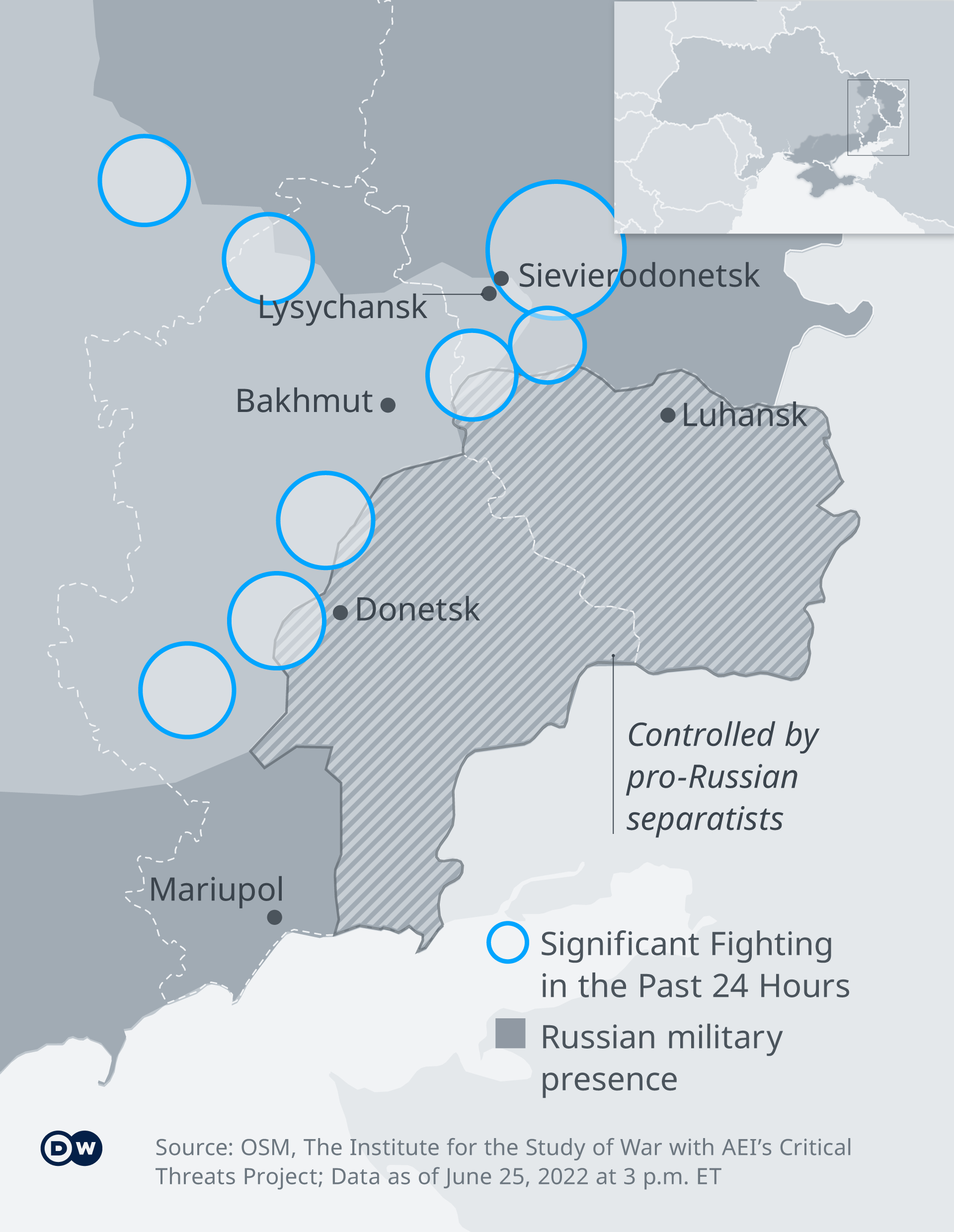 A map showing where fighting has been has been raging the most in eastern Ukraine, and where there is Russian military presence