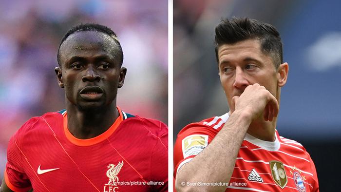 Sadio Mané playing for Liverpool and Robert Lewandowski playing for Bayern Munich