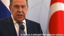 Russian Foreign Minister Sergey Lavrov talks to journalists during a joint news conference with his Turkish counterpart Mevlut Cavusoglu in Ankara, Wednesday, June 8, 2022. (AP Photo/Burhan Ozbilici)