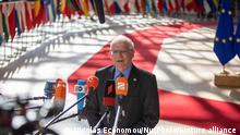 Josep Borrell, the High Representative of the Union for Foreign Affairs and Security Policy arrives at the extraordinary special EU summit about Ukraine, Energy and Defence, walking next to the European flags, flag of Europe and speaks to the press. Meeting of the EU leaders, the European Council in Brussels, Belgium on May 31, 2022 (Photo by Nicolas Economou/NurPhoto)
