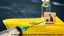 Impfpass der WHO Weltgesundheitsorganisation eine Spritze und einem Holzwürfel mit Aufschrift IMVANEX, Pocken Impfstoff, Imvanex als Impfung für das Affenpocken Virus FOTOMONTAGE