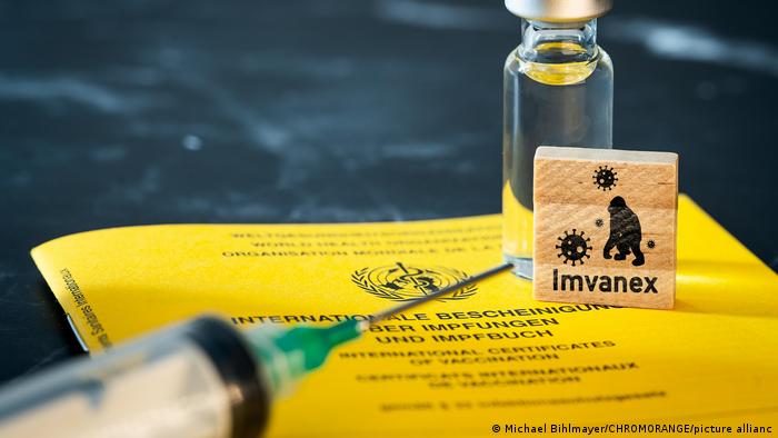 Impfpass der WHO Weltgesundheitsorganisation eine Spritze und einem Holzwürfel mit Aufschrift IMVANEX
