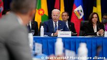 President Joe Biden, center, speaks during a meeting with leaders of Caribbean nations beside Vice President Kamala Harris, right, during the Summit of the Americas, Thursday, June 9, 2022, in Los Angeles. (AP Photo/Evan Vucci)