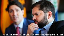 President of Chile Gabriel Boric takes part in a meeting with Canada's Prime Minister Justin Trudeau on the sidelines of the Summit of the Americas in Los Angeles, on Wednesday, June 8, 2022. (Sean Kilpatrick/The Canadian Press via AP)
