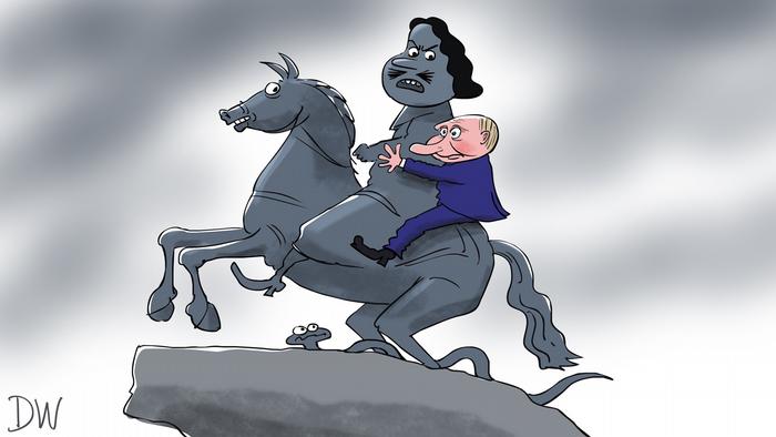 Karikatur von Sergey Elkin | Putin sieht sich als Nachfolger von Peter dem Großen.