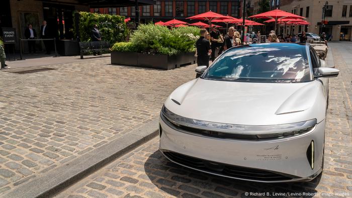 A Lucid Air outside the newly opened flagship studio of Lucid Motors in New York.