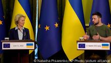 Ukraine President Volodymyr Zelenskyy speaks during a joint press conference with European Commission President Ursula von der Leyen, left, in Kyiv, Ukraine, Saturday, June 11, 2022. Von der Leyen is making her second visit to Ukraine since Russia invaded its neighbor. She was one of the first European leaders to go to Ukraine during the war. (AP Photo/Natacha Pisarenko)