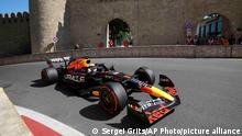 Red Bull driver Max Verstappen of the Netherlands steers his car during the first free practice at the Baku circuit, in Baku, Azerbaijan, Friday, June 10, 2022. The Formula One Grand Prix will be held on Sunday. (AP Photo/Sergei Grits)