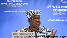 World Trade Organization Director-General Ngozi Okonjo-Iweala attends a press conference at the start of a four-day WTO Ministerial Conference in Geneva on June 12, 2022. - The World Trade Organization gathers ministers in Geneva to tackle pressing issues including global food security threatened by Russia's invasion of Ukraine, overfishing and equitable access to Covid vaccines. (Photo by Fabrice COFFRINI / AFP) (Photo by FABRICE COFFRINI/AFP via Getty Images)