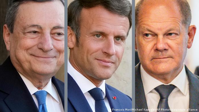 Kombo | Links Mario Draghi | Mitte Emmanuel Macron | Rechts Olaf Scholz