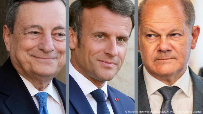 left to right Mario Draghi | Mitte Emmanuel Macron | Rechts Olaf Scholz