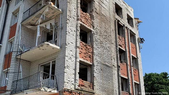 A damaged building in Chortkiv, Ternopil