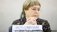 Michelle Bachelet, High Commissioner for Human Rights, delivers her statement during the opening day of the 50th session of the Human Rights Council, at the European headquarters of the United Nations in Geneva, Switzerland, Monday, June 13, 2022. (KEYSTONE/Valentin Flauraud)