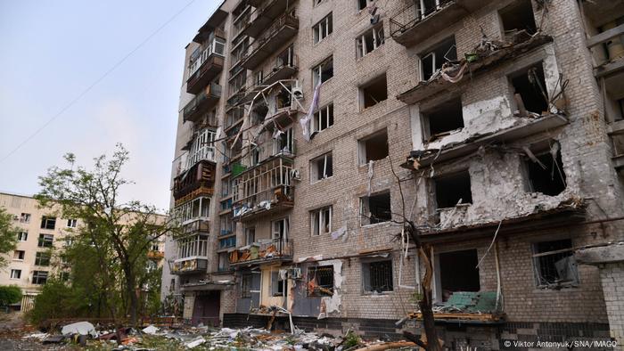 A residential building destroyed by missile strikes is seen in Sievierodonetsk