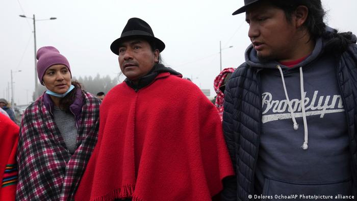 El líder indígena ecuatoriano Leonidas Iza, presidente de la CONAIE, poco antes de ser detenido. (Foto: 13.06.2022).