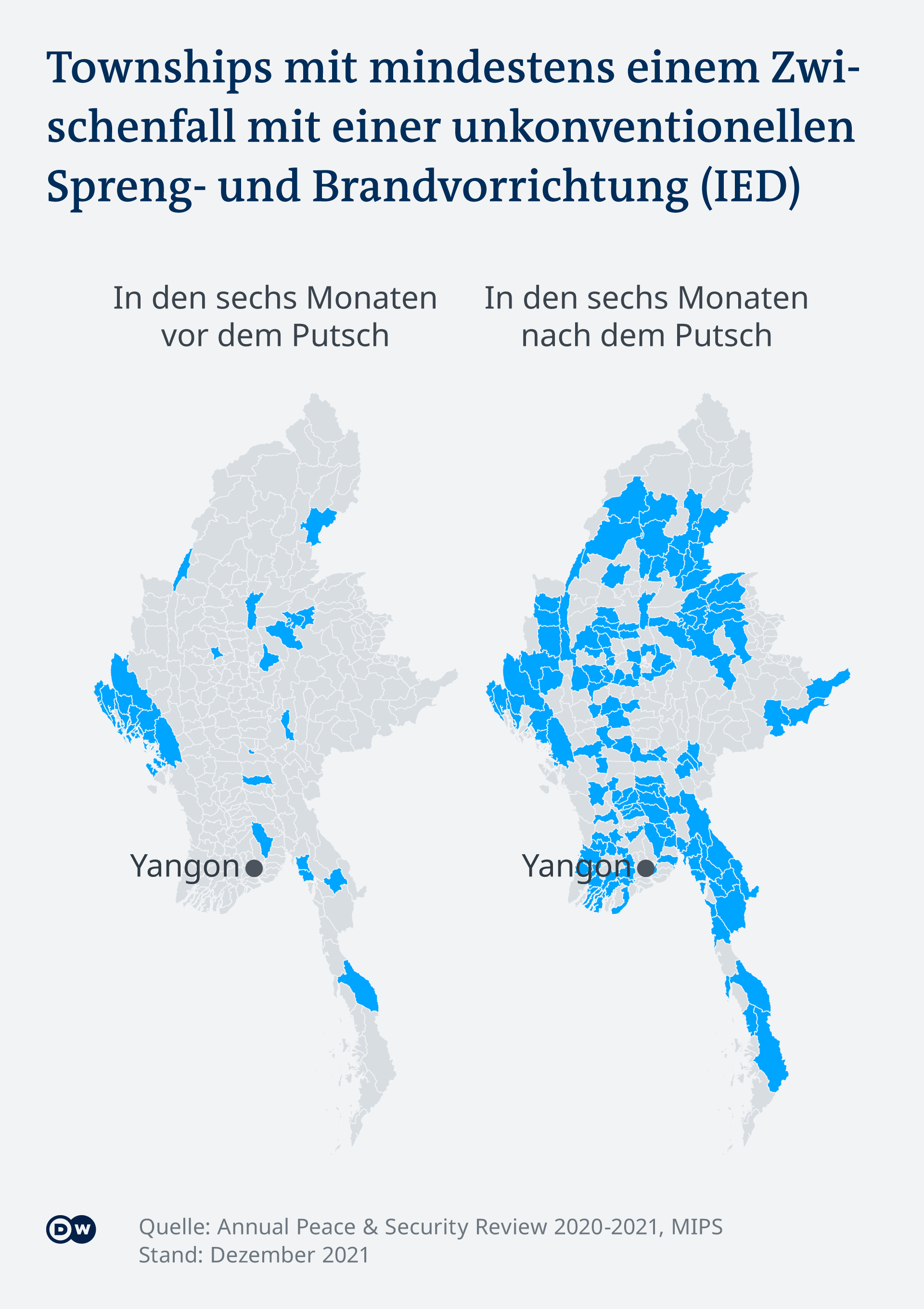Infographic of Burma's cities with attacks six months before and after the coup d'état Infographic of Burma's cities with attacks six months before and after the coup d'état