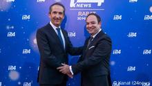 
Bildbeschreibung:
Patrick Drahi, Eigentümer der Altice-Gruppe, zu der Kanal I24news gehört, und Frank Meloul, Geschäftsführer von I24news
Galadiner, Rabat, 30. Mai 2022
