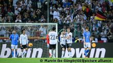 Timo Werner (C) of Germany celebrates after scoring his team's fifth goal with Thomas Mueller (R) GES/ Fussball/ Nations League: Deutschland - Italien, 14.06.2022 Football / Soccer: UEFA Nations League: Germany vs Italy, Moenchengladbach, June 14, 2022