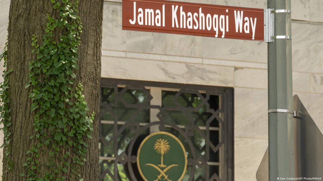 Street sign that reads Jamal Khashoggi Way in front of the Saudi Embassy in Washington, D.C. 