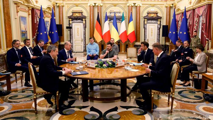 Italian Prime Minister Mario Draghi, German Chancellor Olaf Scholz, Ukrainian President Volodymyr Zelensky, French President Emmanuel Macron and Romanian President Klaus Iohannis meet for a working session in Mariinsky Palace