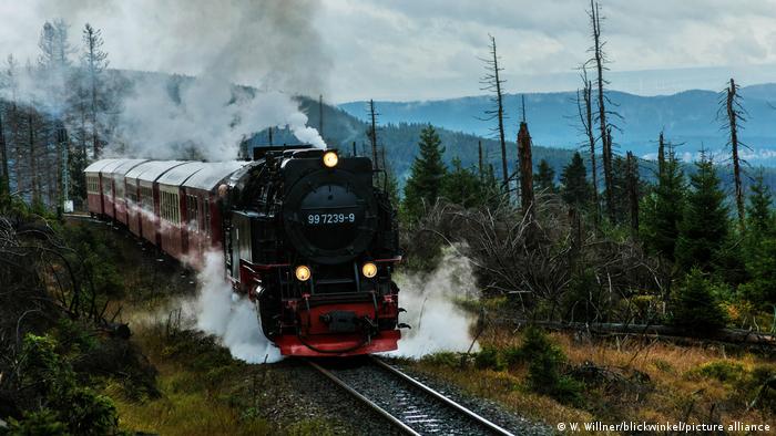 A black narrow gauge train heads up Brocken Mountain 