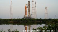 The NASA Artemis rocket with the Orion spacecraft aboard is seen on pad 39B at the Kennedy Space Center, Wednesday, June 15, 2022, in Cape Canaveral, Fla. Artemis is undergoing tests at the pad before an unmanned mission to the moon. (AP Photo/John Raoux)
