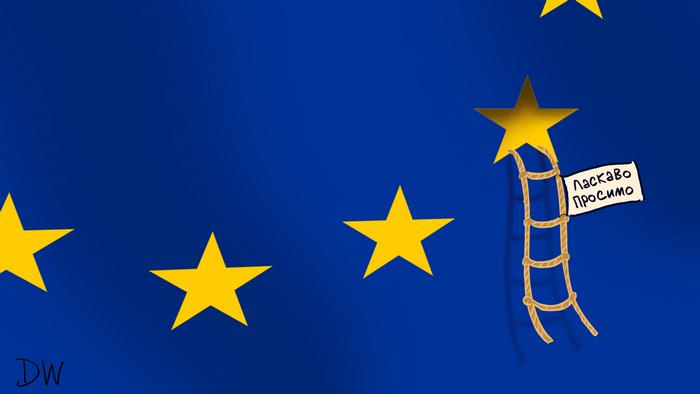 Карикатура: Флаг Европейского Союза в приближении: с одной из звезд спускается веревочная лестница, на которой написано: Ласкаво просимо, что на украинском означает: Добро пожаловать.