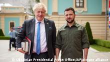 In this image provided by the Ukrainian Presidential Press Office, Ukrainian President Volodymyr Zelenskyy, right, and Britain's Prime Minister Boris Johnson, pose for photo during their meeting in downtown Kyiv, Ukraine, Friday, June 17, 2022. (Ukrainian Presidential Press Office via AP)