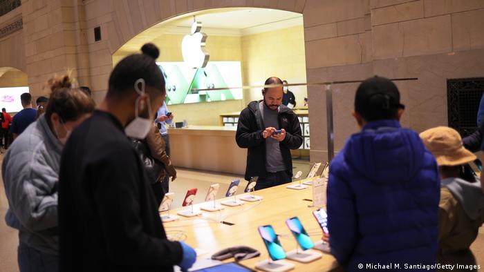 People visit the Apple Store in Grand Central Station on April 18, 2022 in New York City