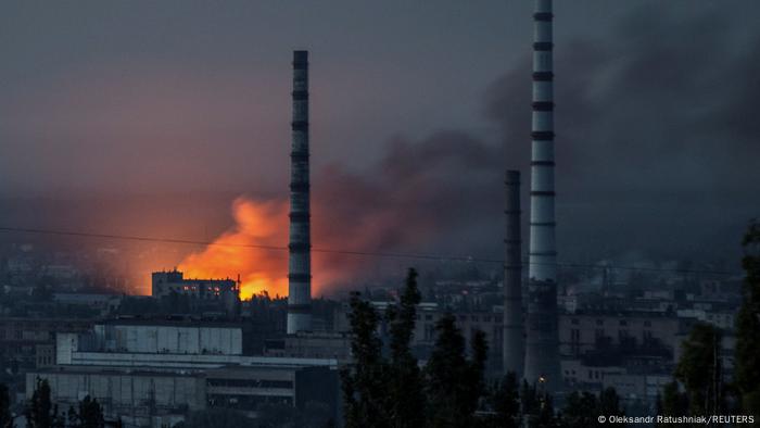Fire at the Azot chemical plant in Sievierodonetsk following a Russian military strike