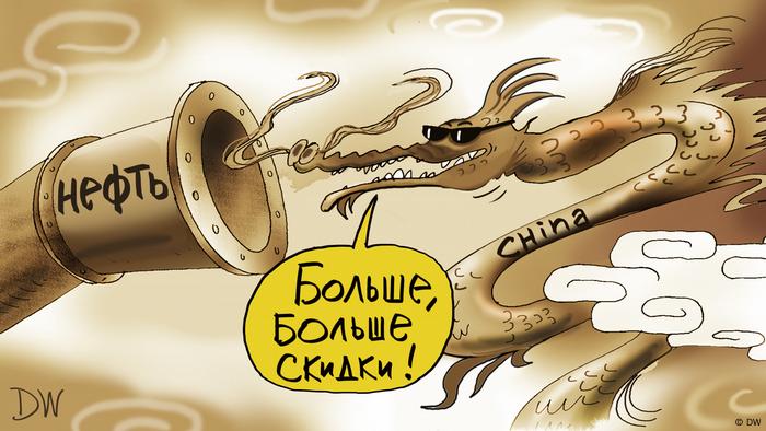 Caricatura sobre el tema: el dragón chino mira por la tubería y dice ¡aún más descuentos!.