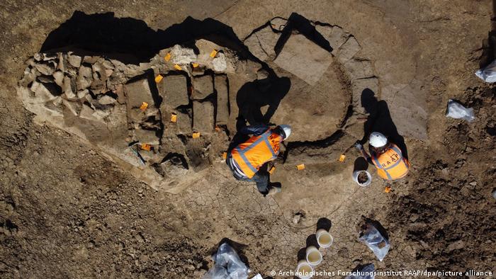 An aerial view shoes the remains of a Roman well with steps at an archaeological site near Nijmegen in the Netherlands