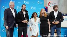  from left to right: Peter Limbourg, DW Director General, Mstyslav Chernov, Award winner, Ensaf Haidar, Human Rights activist, Jodie Ginsberg, President of the Committee to protect journalists (CPJ) and Evgeniy Maloletka, Award winner, during the Freedom of Speech Award ceremony 2022.