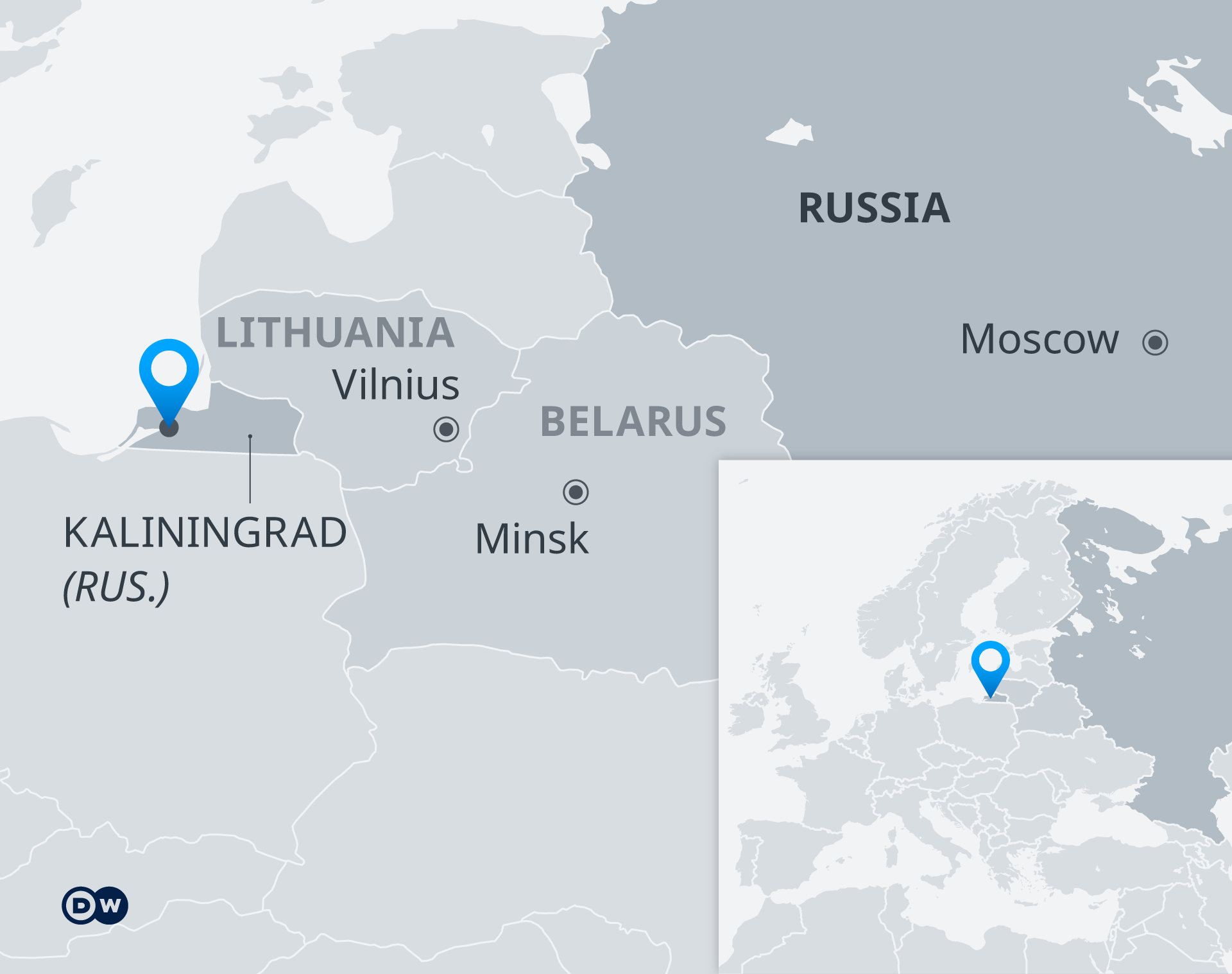 A map pointing the location of the Russian exclave of Kaliningrad, bordering Lithuania and Poland