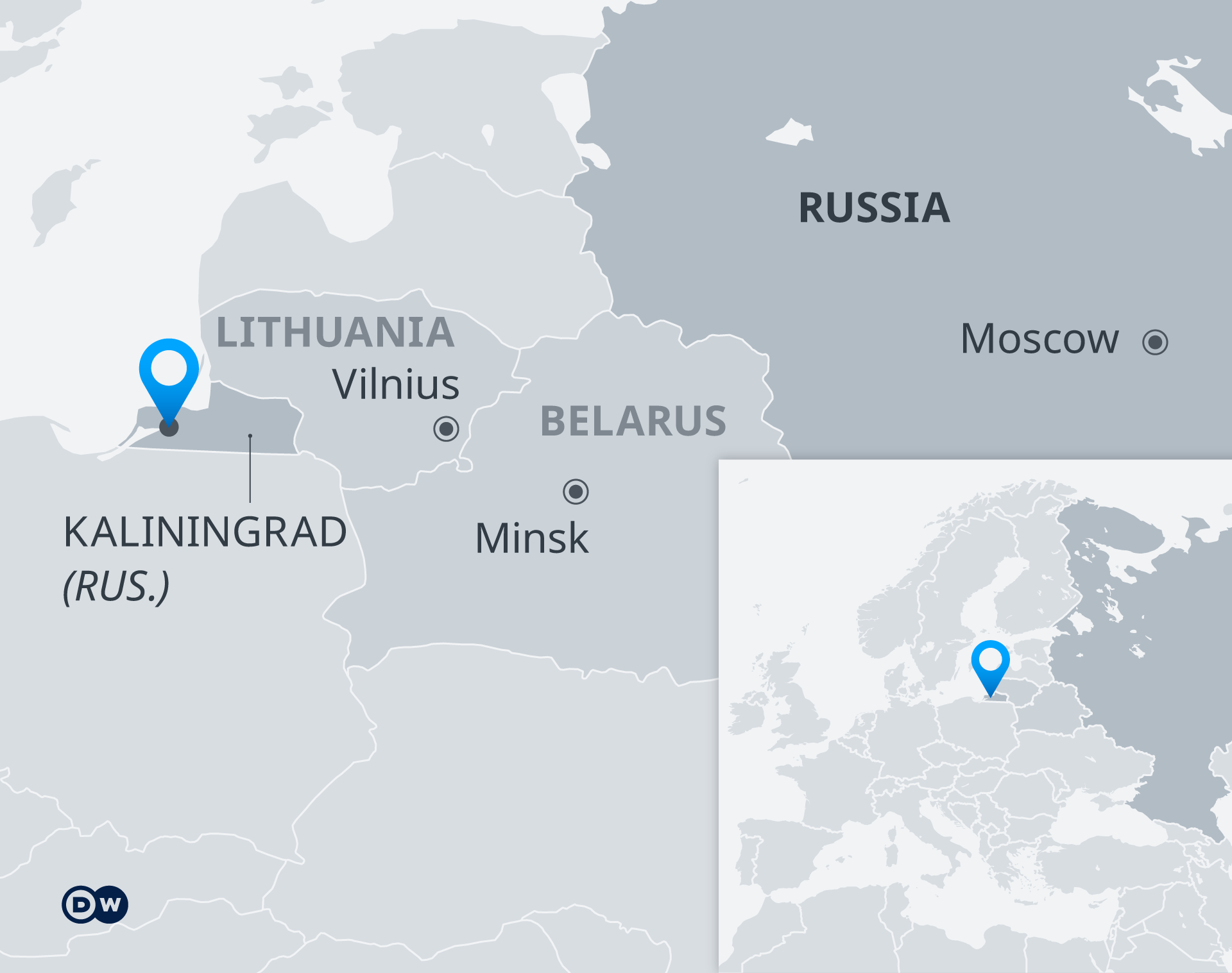 Map of the Baltic region showing (west to east) Kaliningrad, Lithuania, Belarus and Russia