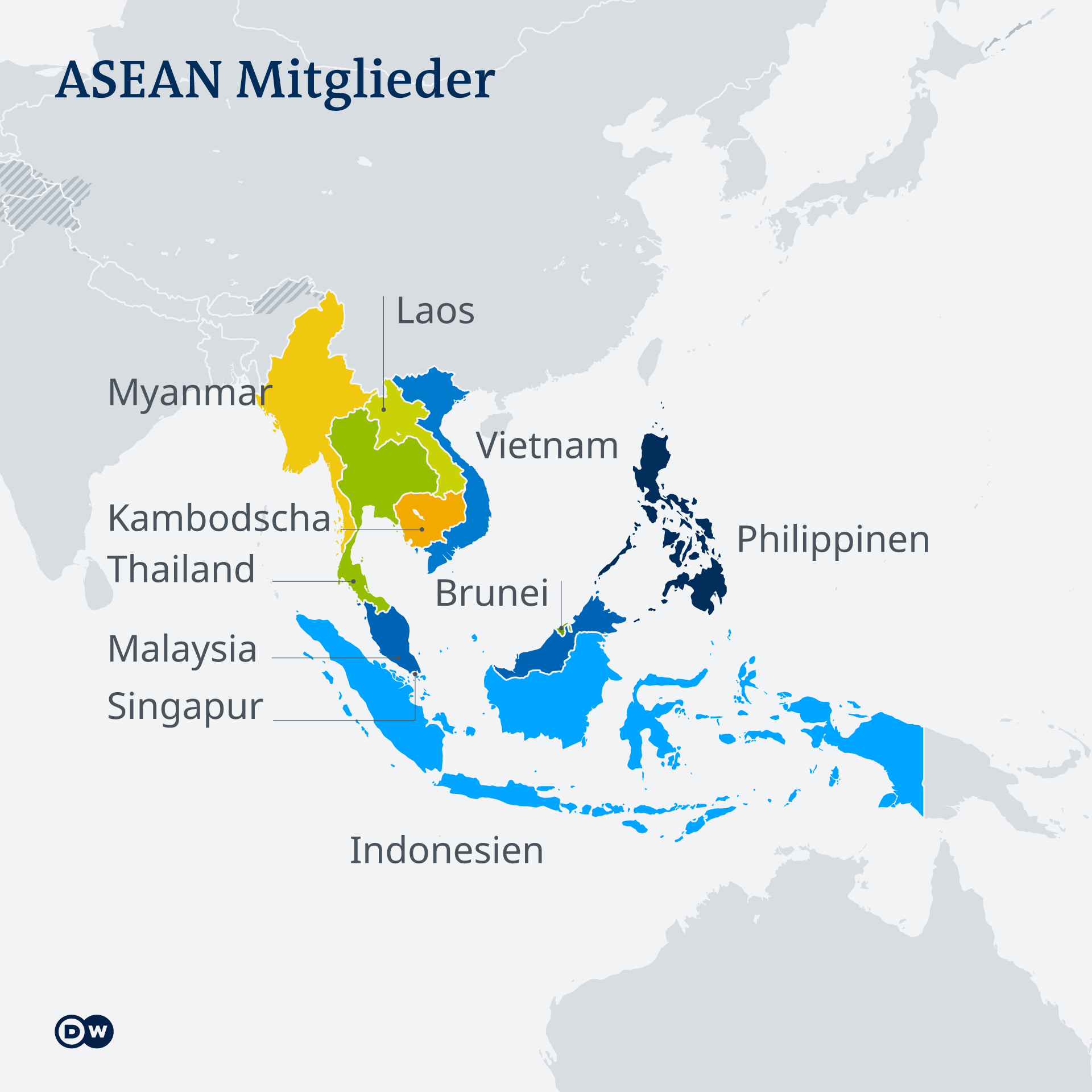Die Infografik zeigt eine Karte mit den zehn ASEAN-Staaten in Südostasien. Dazu gehören Myanmar, Kambodscha, Thailand, Malaysia, Singapur, Indonesien, Brunei, Philippinen, Vietnam und Laos.