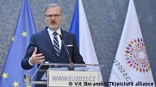 Czech Prime Minister Petr Fiala speaks during the press conference after meeting with European Parliament (EP) President Roberta Metsola, on June 16, 2022, in Prague, Czech Republic. (CTK Photo/Vit Simanek)
