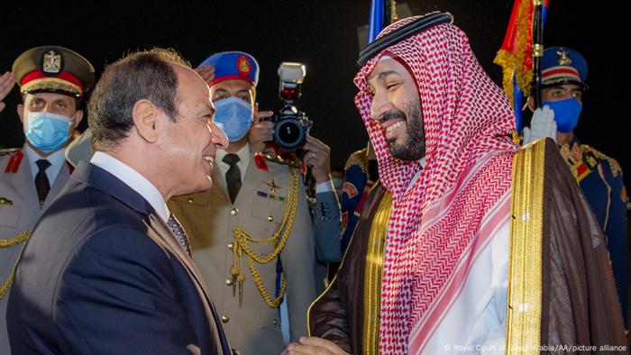 Saudi Arabian Crown Prince Mohammed bin Salman (right) is welcomed by Egyptian President Abdel Fattah al-Sisi (left) at Cairo International Airport