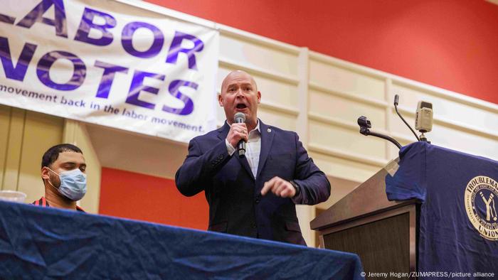 A picture of labor leader Sean O'Brien, president of Teamsters labor union, speaking during the Labor Notes conference in Chicago on June 18, 2022