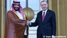  Turkey s President Recep Tayyip Erdogan R shakes hands with Crown Prince of Saudi Arabia Mohammed bin Salman L during an official ceremony at the Presidential Complex in Ankara, on June 22, 2022. - Copyright: DepoxPhotos 17577194